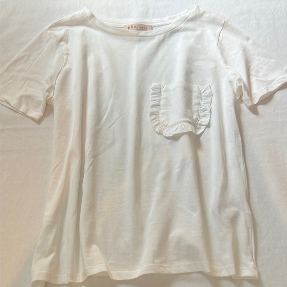 White Short Sleeve Tee with Ruffled Detail